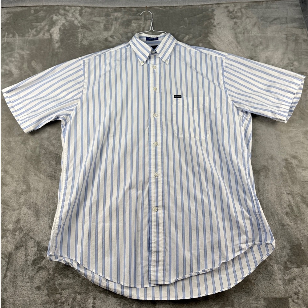 Faconnable Shirt Mens Large Blue White Stripe Short Sleeve Button-Down EUC